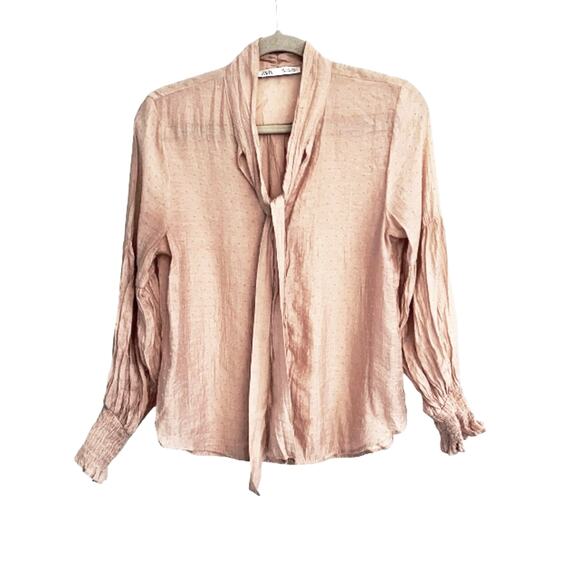 Zara Swiss Dot Tie Front Pink Blouse Women’s Small Cottagecore Sheer Romantic - Picture 15 of 15